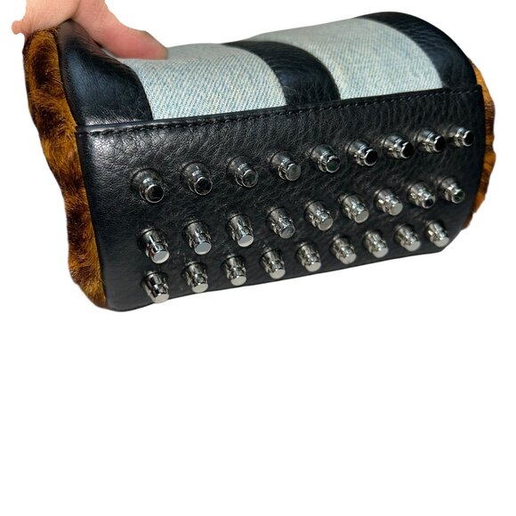 Alexander Wang Chambray denim Leopard pony STUDDED leather mini barrel bag - Picture 2 of 9